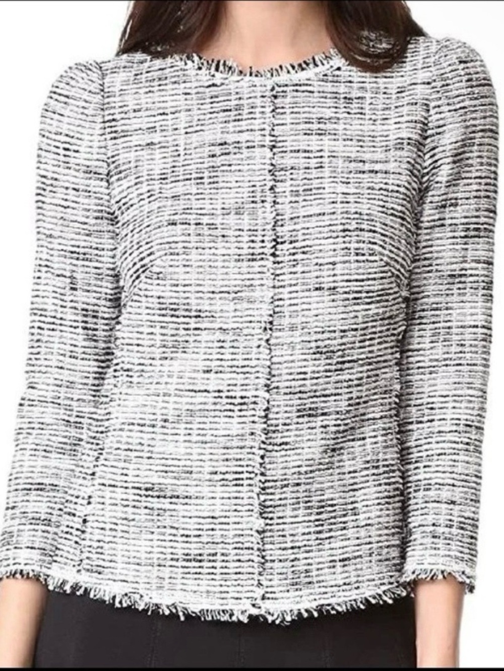 Rebecca Taylor business professional tweed black & white fringe tailored top